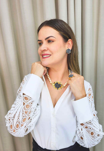 Colar Supreme com perolas e strass hematite banhado no dourado