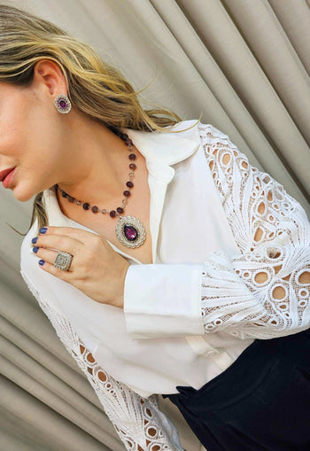 Brinco Elisangela prata com pedras ametista