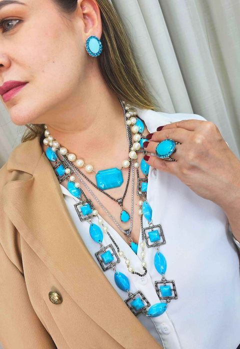 Colar Odete com perolas e pedras azuis prata e onix
