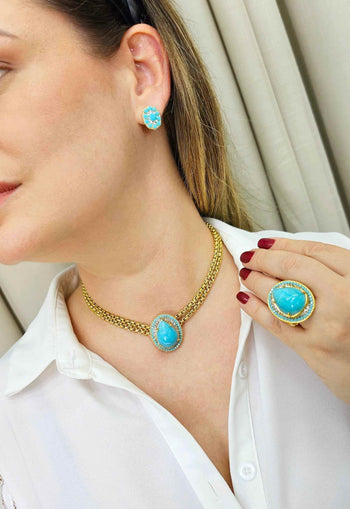 Brinco Fantine classic dourado com pedras turquesas