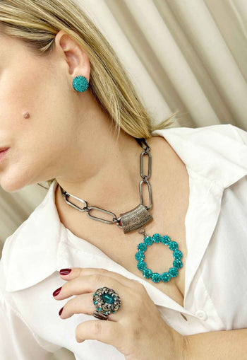Colar Raika no banho onix com pingente azul blue zircon