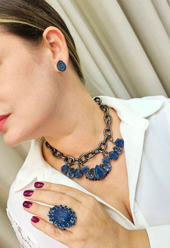 Colar Eudora classic com pedras azuis e elos onix