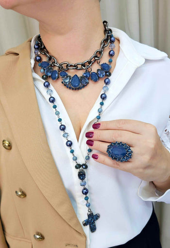 Colar Eudora classic com pedras azuis e elos onix