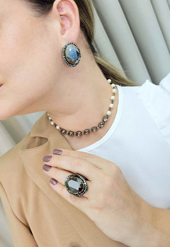 Anel Sucesso ouro velho oval com pedras hematite