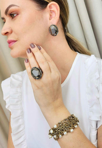 Anel Sucesso ouro velho oval com pedras hematite