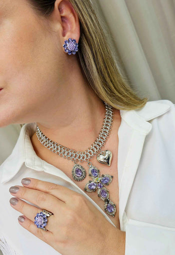 Anel Premium Prata com pedras lavanda