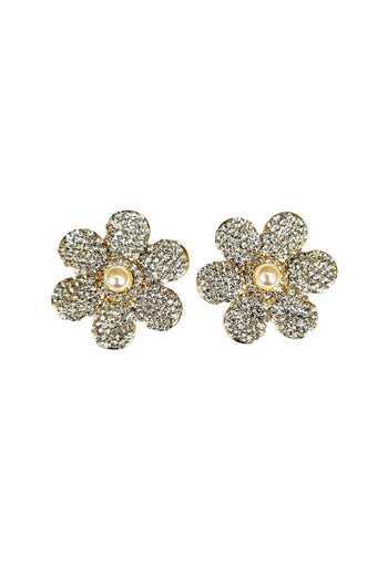 Brinco de flor Bahamas com strass cristal e perola banhado no dourado