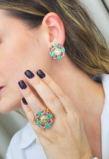 Anel Agradecer com pedras coloridas banhado no dourado