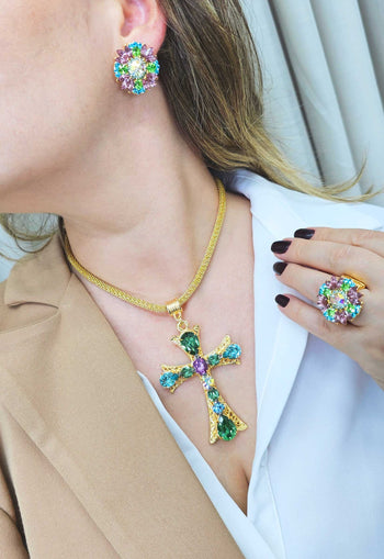 Anel Agradecer com pedras coloridas banhado no dourado