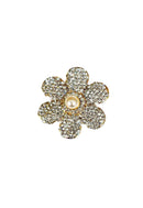 Anel de flor Bahamas com strass cristal e perola banhado no dourado
