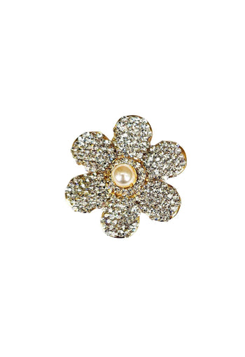 Anel de flor Bahamas com strass cristal e perola banhado no dourado