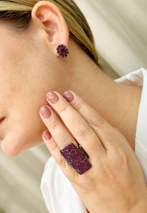Brinco Marília com strass ametista banhado no grafite