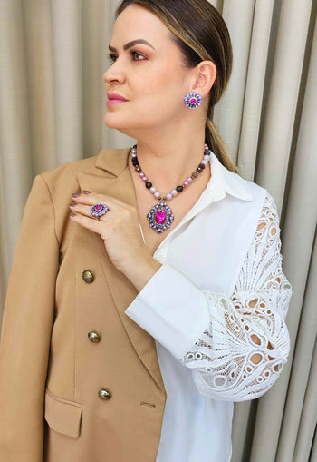 Colar Camarote de bolas lilas e pingente luxo com pink