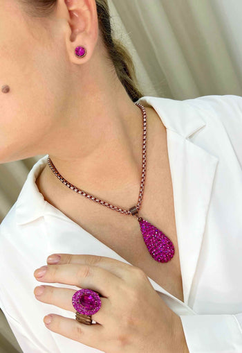 Colar Alure de gota fucsia banhado no vintage