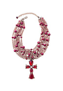 Maxi Colar Celebridade com perolas vermelhas e crucifixo vintage