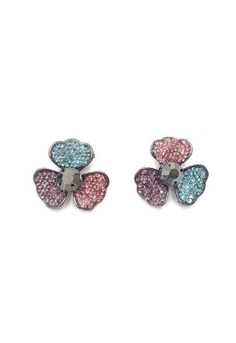 Brinco Safire de flor com strass colorido banhado no onix