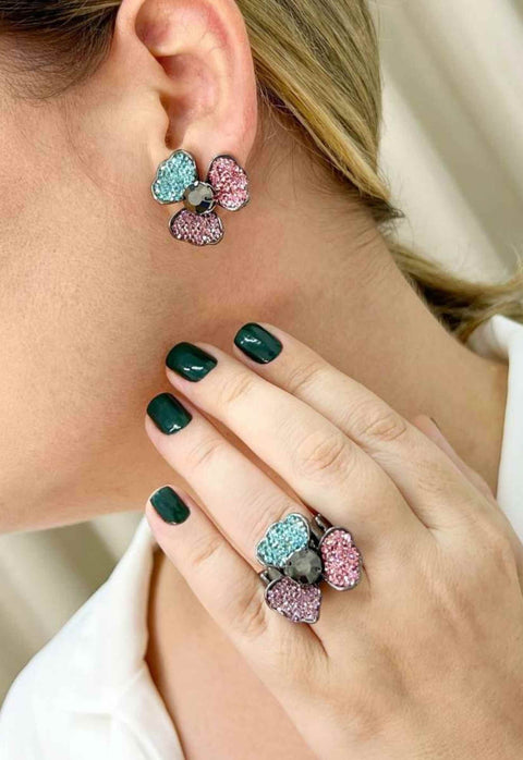 Brinco Safire de flor com strass colorido banhado no onix