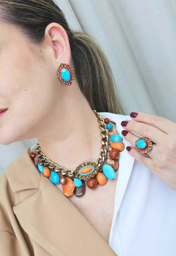 Colar Mocha musse com pedras marrons laranjas e azuis