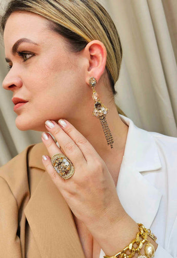 Brinco Esperanza Glam com franjas e pedras peach e black diamond