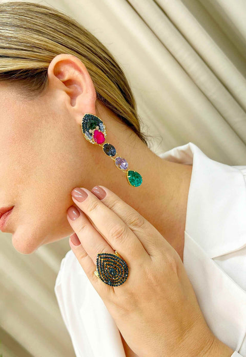 Brinco Leticia Glam com pedras coloridas