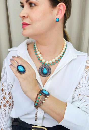 Colar Raya de perolas com pedras turquesa e mandala azul