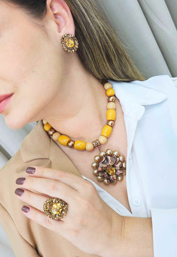 Anel Flor da Alma marrom banhado no vintage