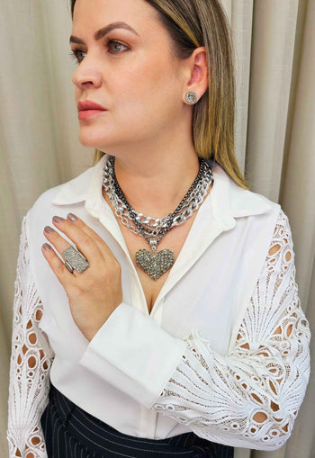 Maxi Colar Valentina silver e onix com com pingente de coração black diamond