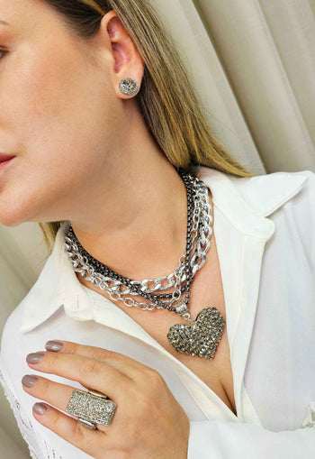Maxi Colar Valentina silver e onix com com pingente de coração black diamond