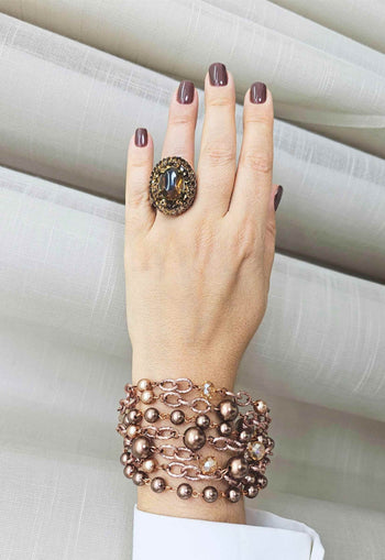 Anel Momentos mocha com pedras marrons banhado no vintage