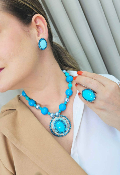 Colar Solene blue com pedras azuis banhado no prata