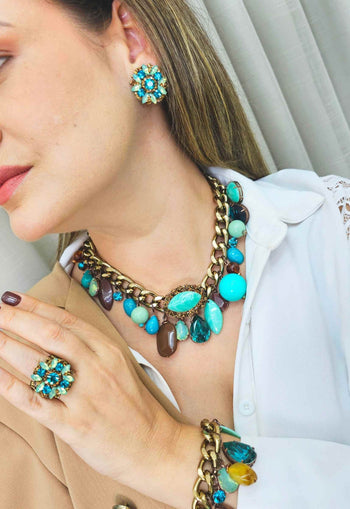 Colar Mocha blue com pedras azuis e marrons banhado no ouro velho