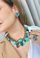 Colar Mocha blue com pedras azuis e marrons banhado no ouro velho