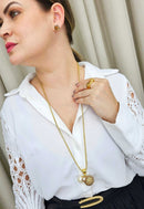 Colar Essência Gold longo com esfera de strass e perolas