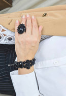 Anel Dandara luxo com pedras pretas banhado no grafite