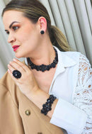 Anel Dandara luxo com pedras pretas banhado no grafite