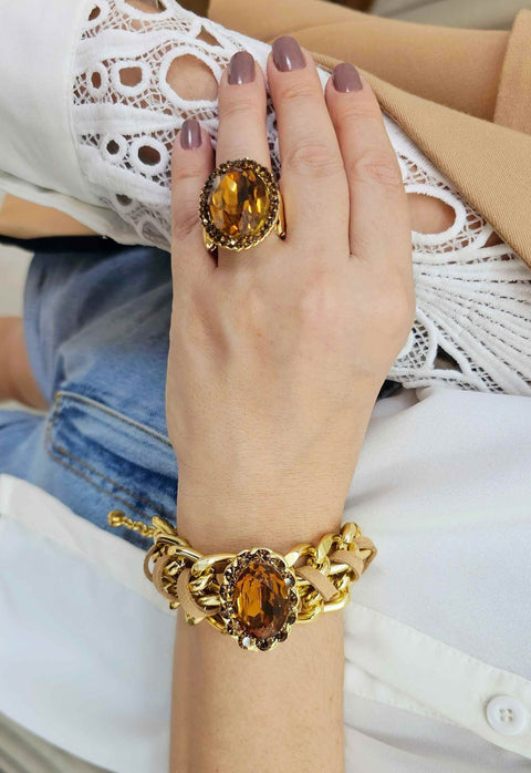Anel Helena gold com pedras douradas