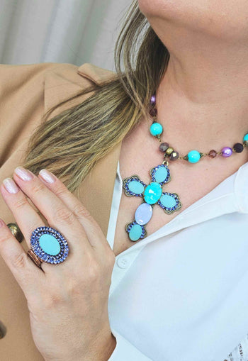 Anel Maristela vintage com turquesa opalino e violeta