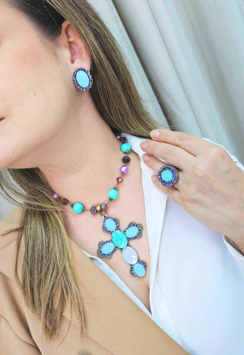 Anel Maristela vintage com turquesa opalino e violeta