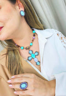 Anel Maristela vintage com turquesa opalino e violeta