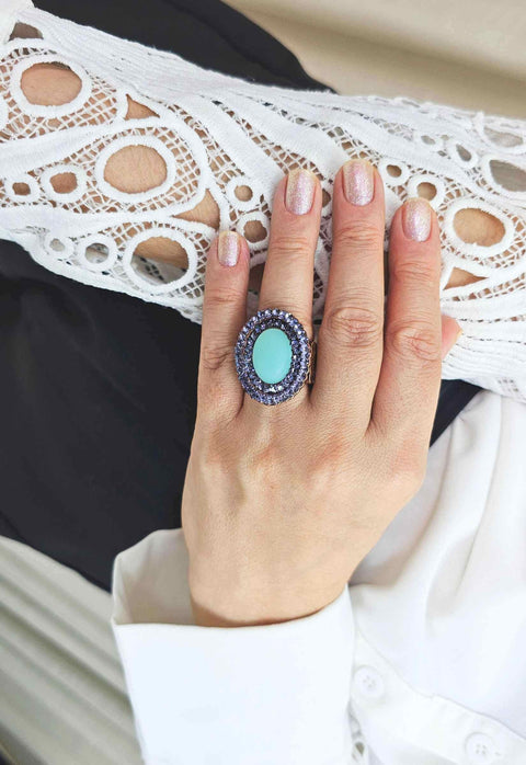 Anel Maristela vintage com turquesa opalino e violeta
