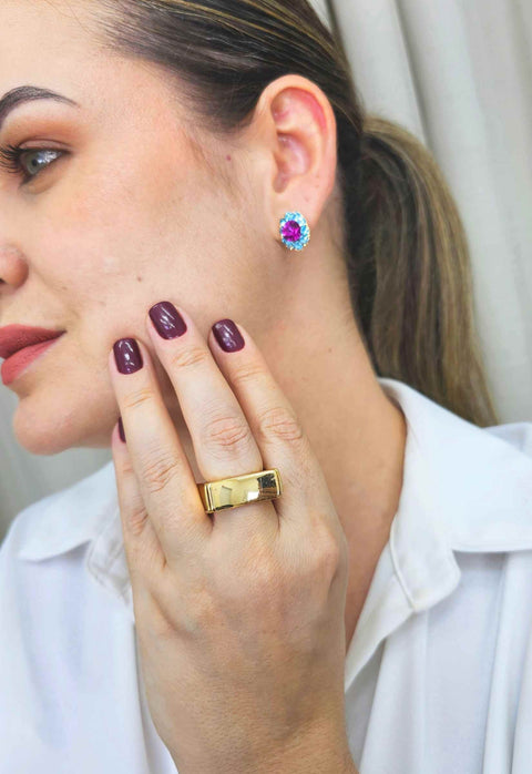 Brinco Babalu rosa e azul banhado no dourado