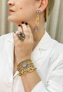 Pulseira Emma glam de elos dourados courinho e pedra opal