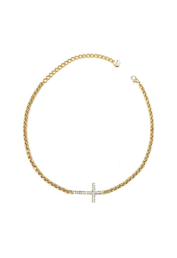 Colar choker Pierre Gold de crucifixo com pedras cristal banhado no dourado