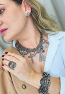 Colar Fé Infinita com pingente de cruz nossa senhora aparecida e divino espirito santo banhados no grafite