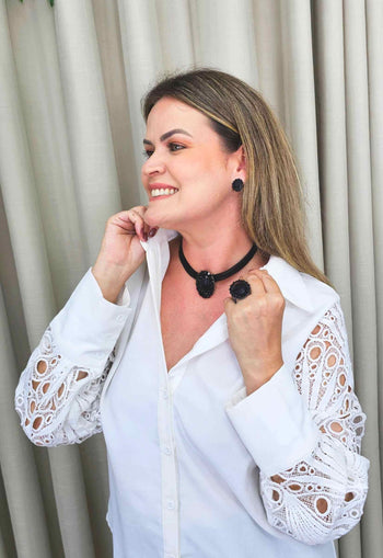 Choker Aurélia Jet com pedra oval preta e Strass Jet