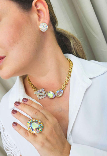 Colar Festejar com pedras boreal e pingente de coração com pedras boreal