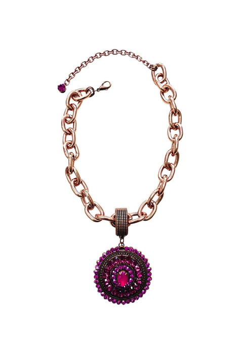 Colar Damaris de corrente vintage com pingente redondo fucsia