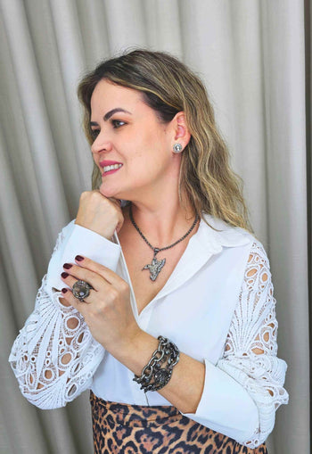 Colar Beija Flor onix com veneziana e strass black diamond cristal e hematite