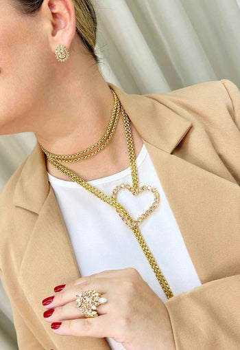 Colar Pashmina Gal Gold com pingente de coração pessego e correntes veneziadas