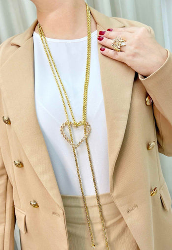 Colar Pashmina Gal Gold com pingente de coração pessego e correntes veneziadas
